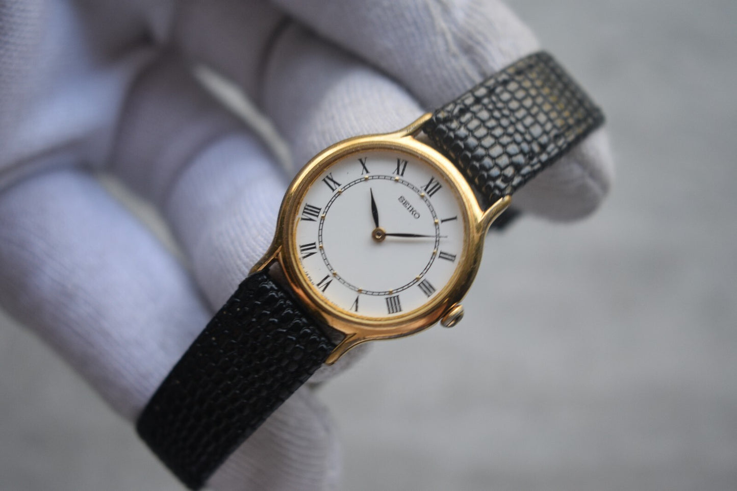 Seiko Ladies Watch Gold Leather Roman Numeral White Dial Quartz Women's