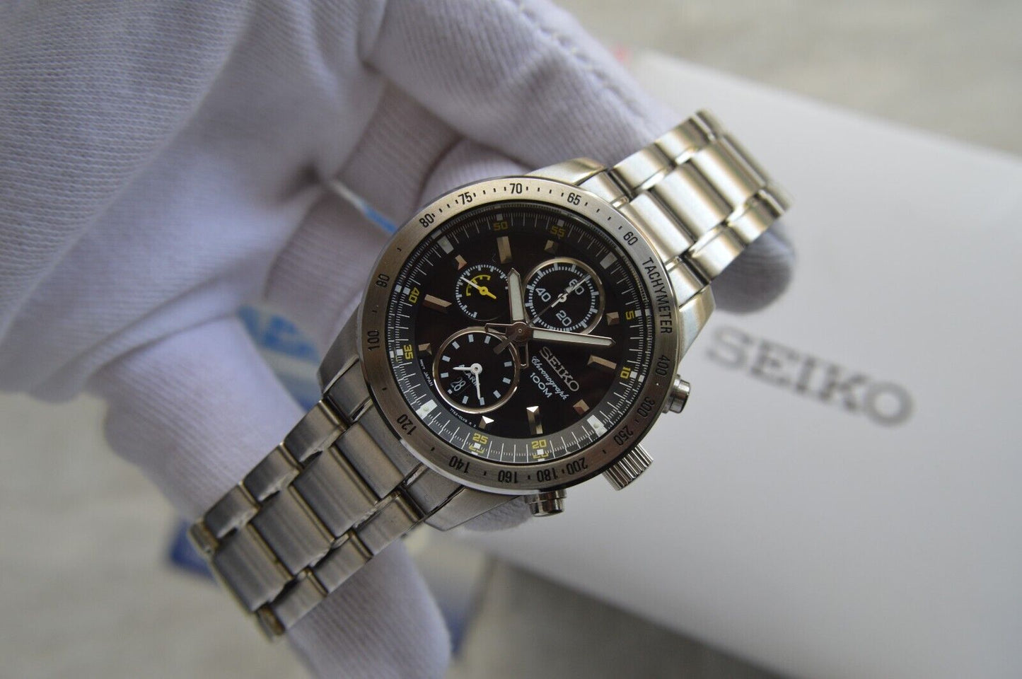 Seiko Alarm Chronograph 100M Fullset Black Dial Men's Quartz Bracelet Rare Watch