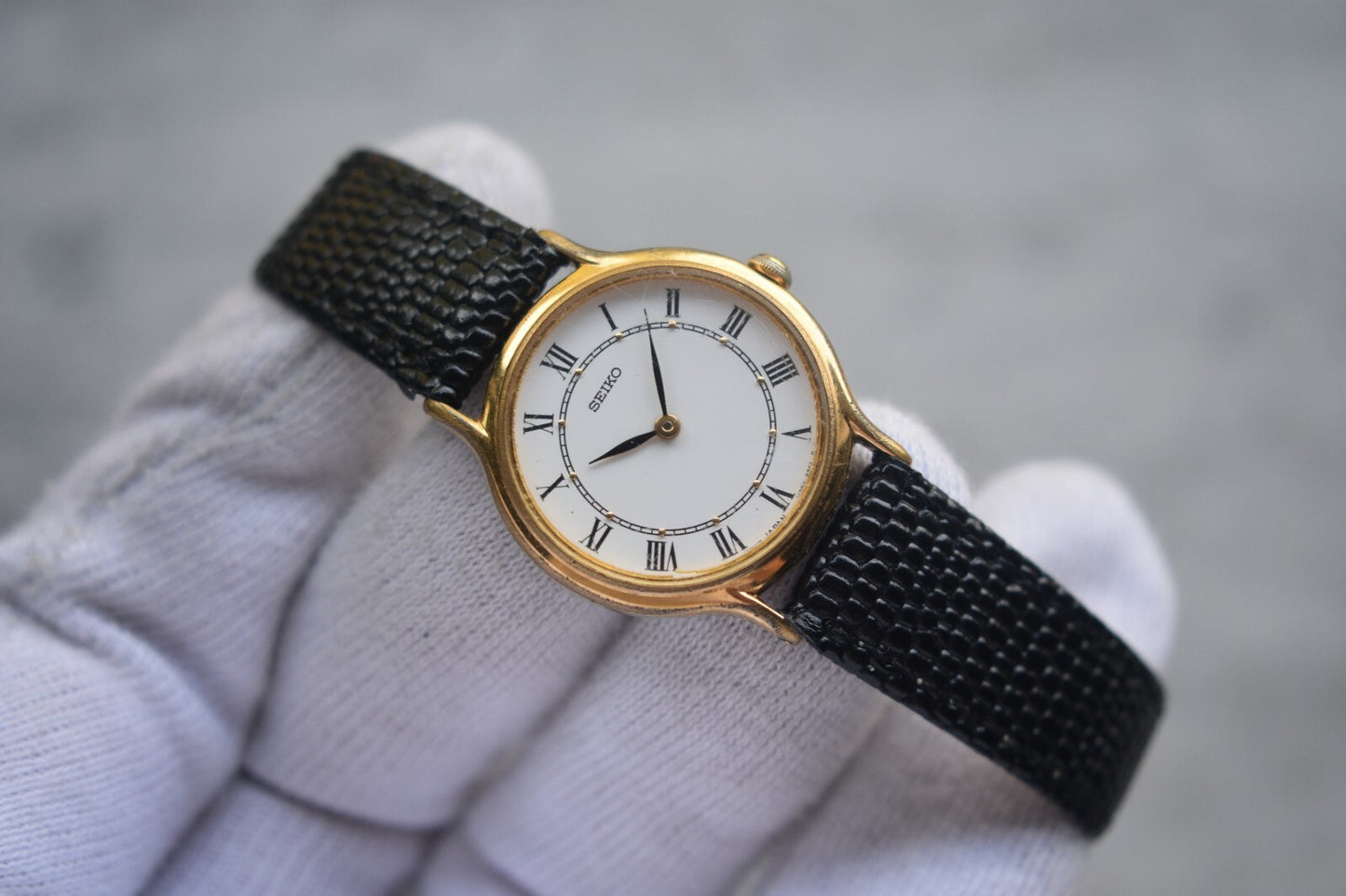 Seiko Ladies Watch Gold Leather Roman Numeral White Dial Quartz Women's