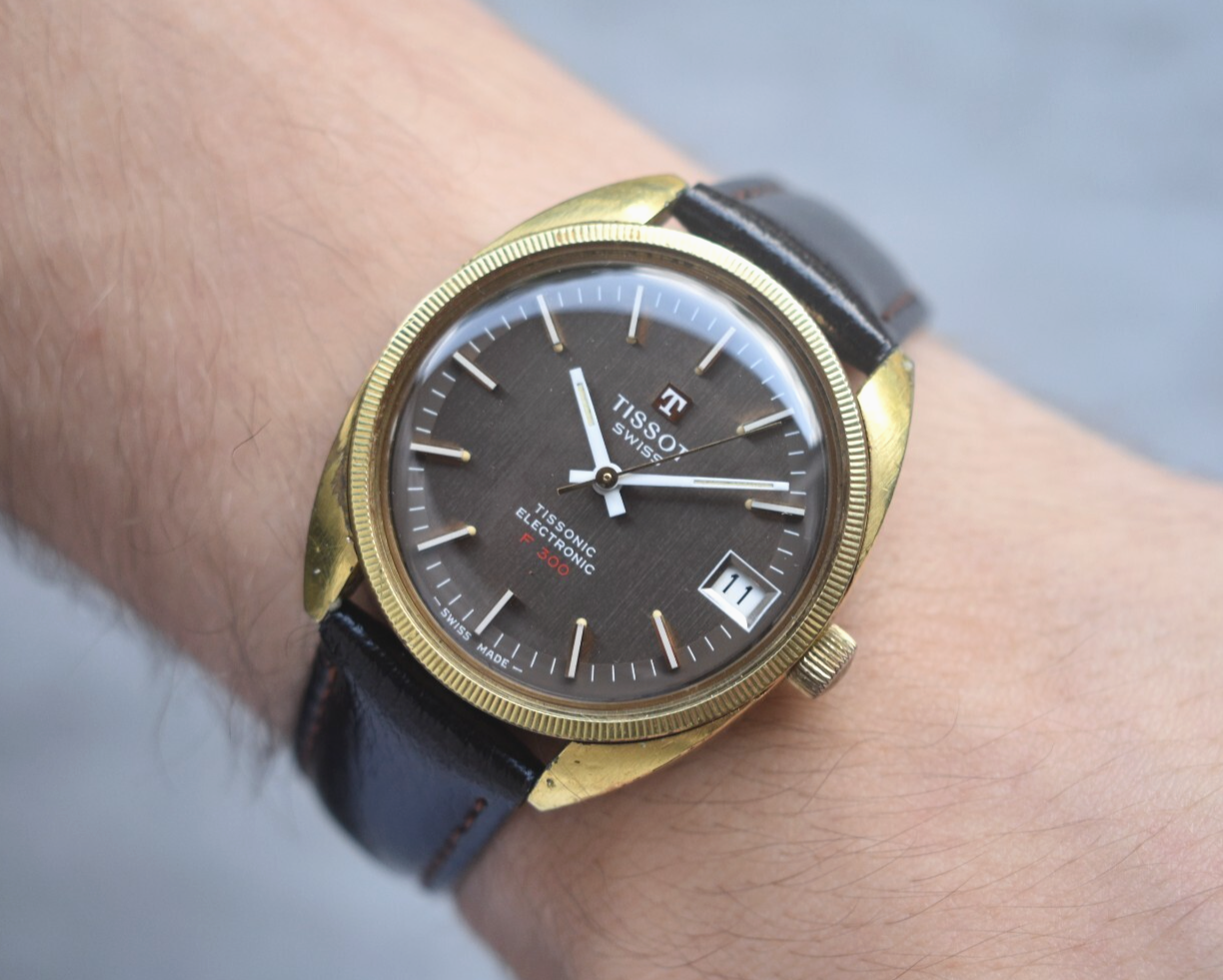 1974 Vintage Tissot Tissonic Brown Dial Rare Electronic Men's Gold Watch F 300