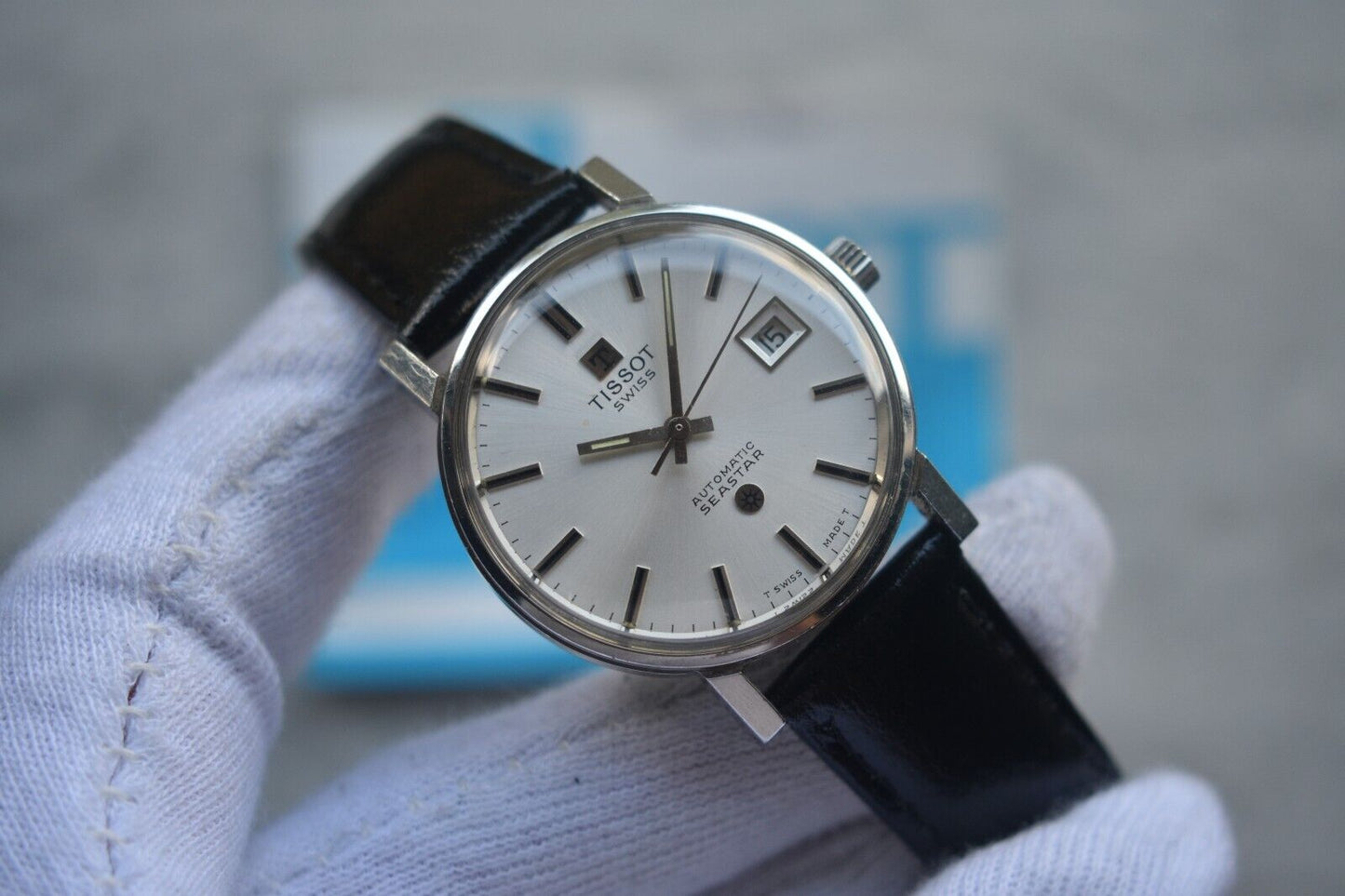 31/08/1974 Vintage Tissot Seastar Automatic Silver Leather Watch With Papers