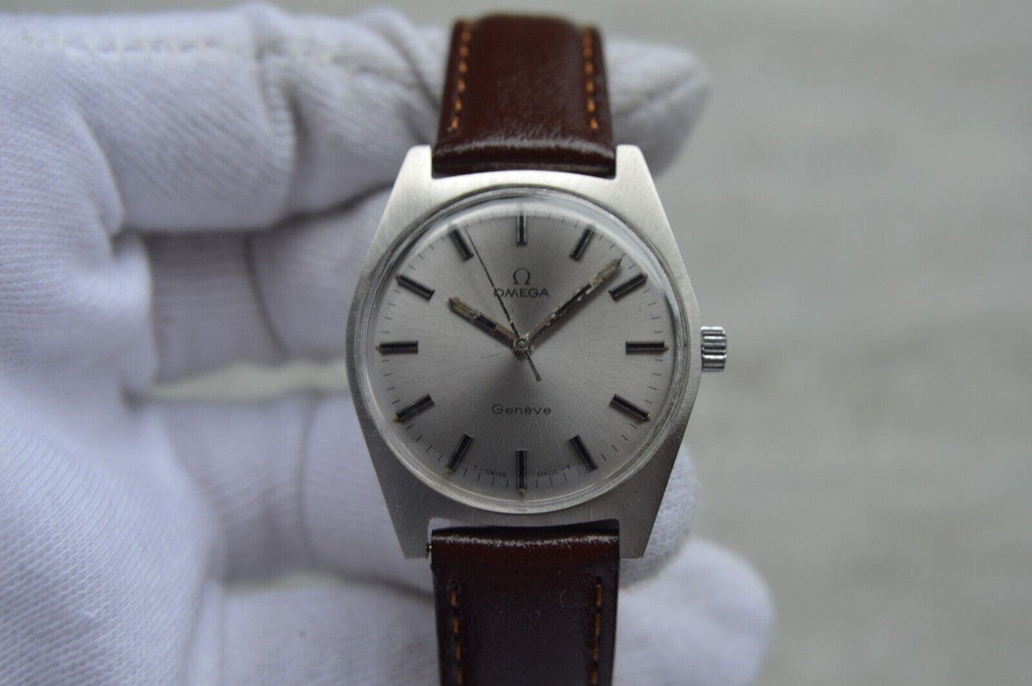 1970 Omega Geneve Vintage Rare Steel Men's Leather Watch Mechanical Rare