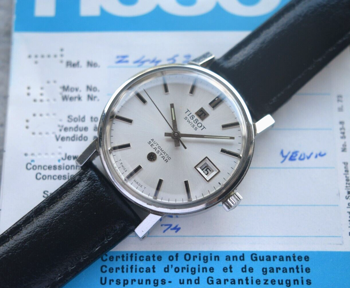 31/08/1974 Vintage Tissot Seastar Automatic Silver Leather Watch With Papers