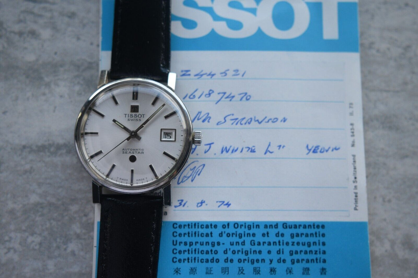31/08/1974 Vintage Tissot Seastar Automatic Silver Leather Watch With Papers