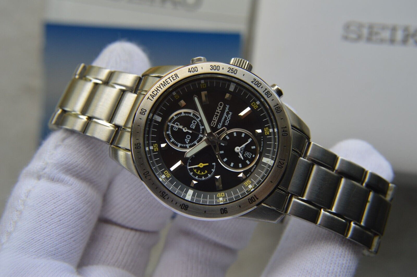 Seiko Alarm Chronograph 100M Fullset Black Dial Men's Quartz Bracelet Rare Watch