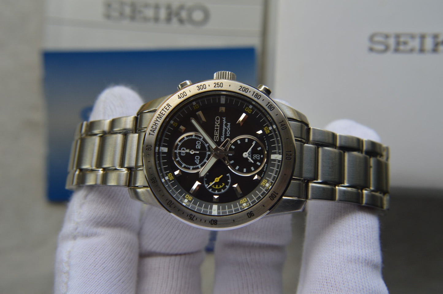 Seiko Alarm Chronograph 100M Fullset Black Dial Men's Quartz Bracelet Rare Watch