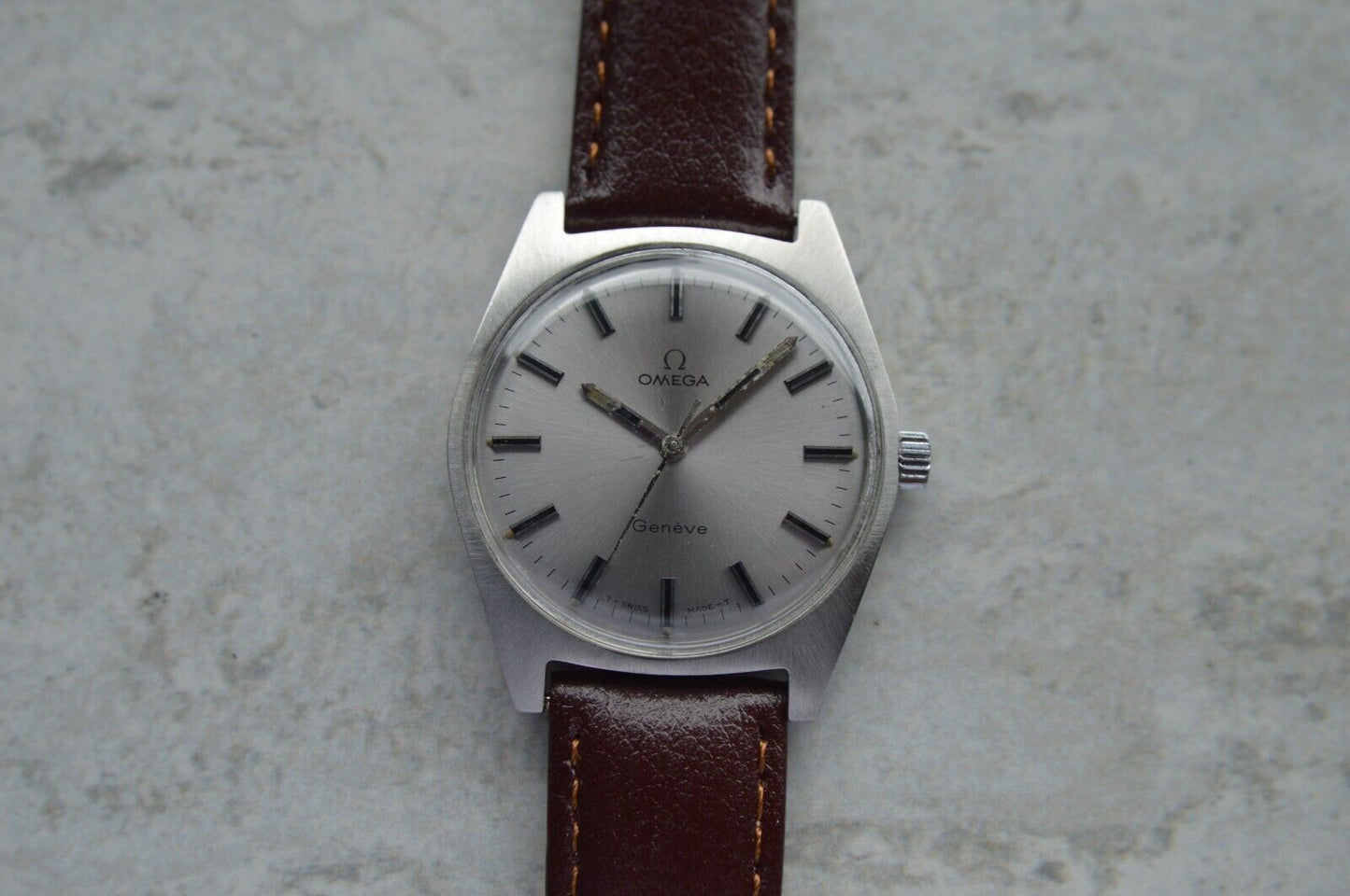 1970 Omega Geneve Vintage Rare Steel Men's Leather Watch Mechanical Rare