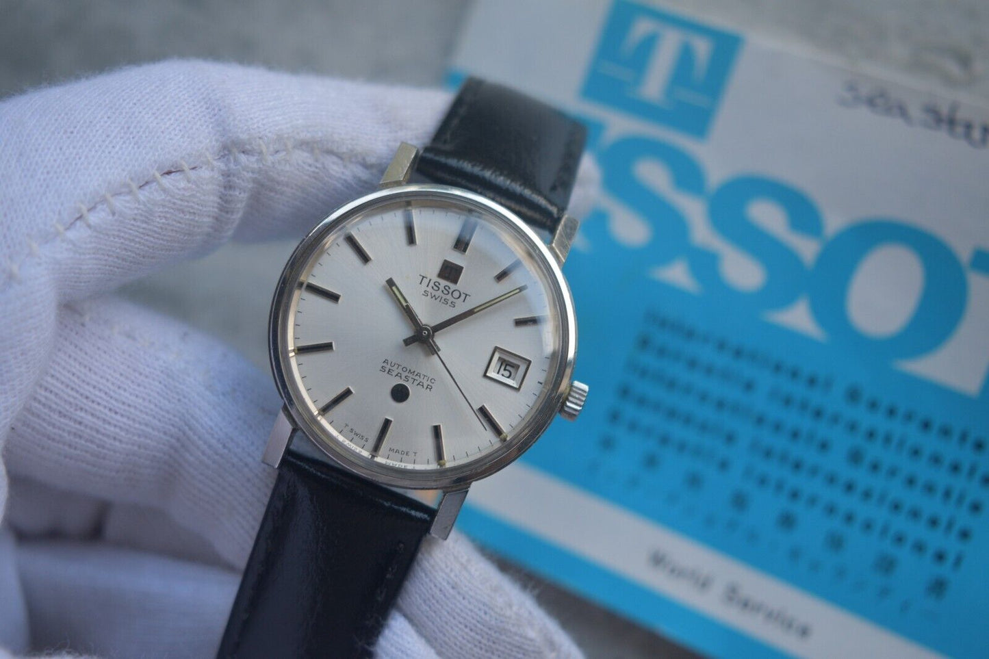 31/08/1974 Vintage Tissot Seastar Automatic Silver Leather Watch With Papers
