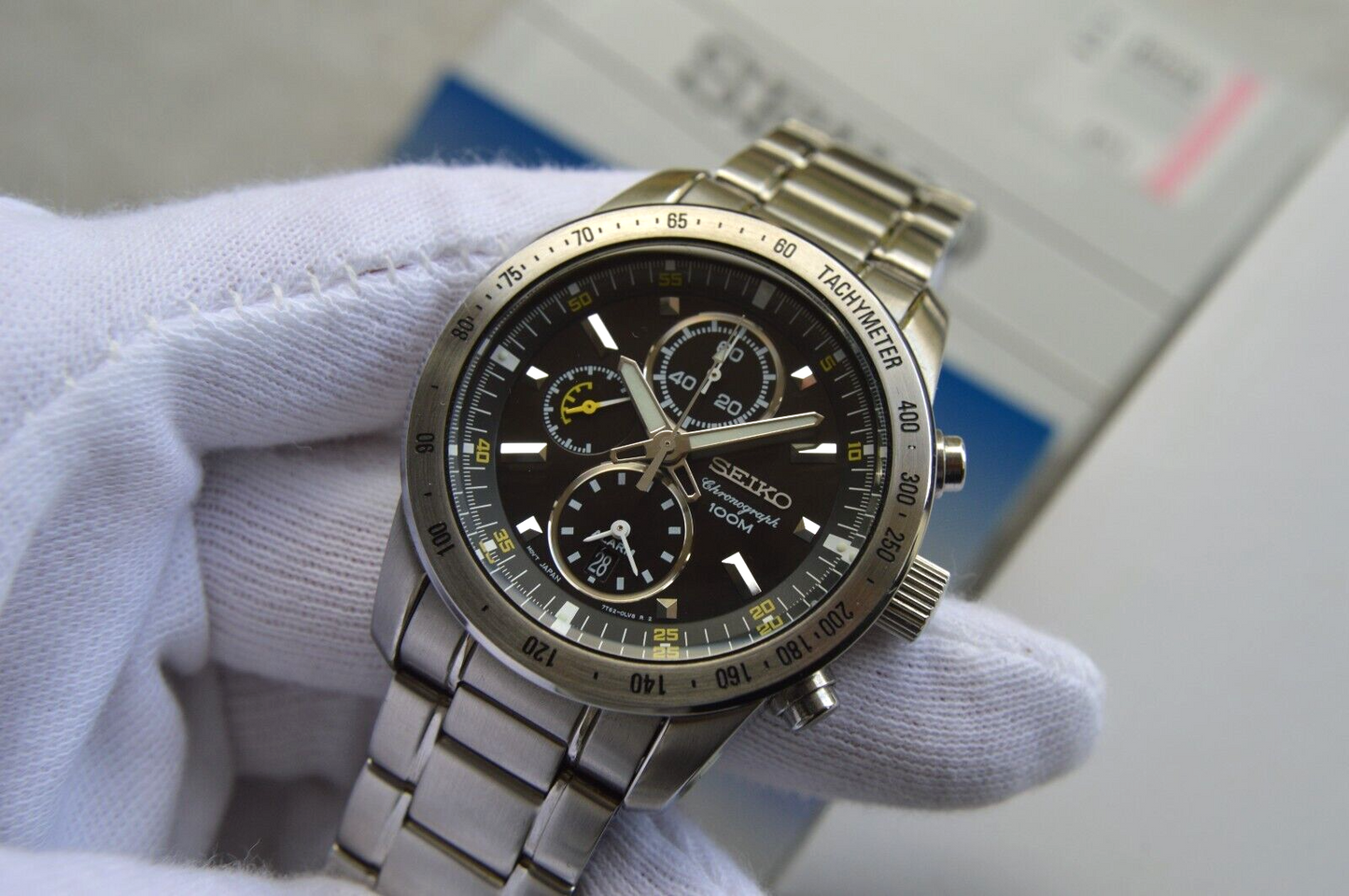 Seiko Alarm Chronograph 100M Fullset Black Dial Men's Quartz Bracelet Rare Watch