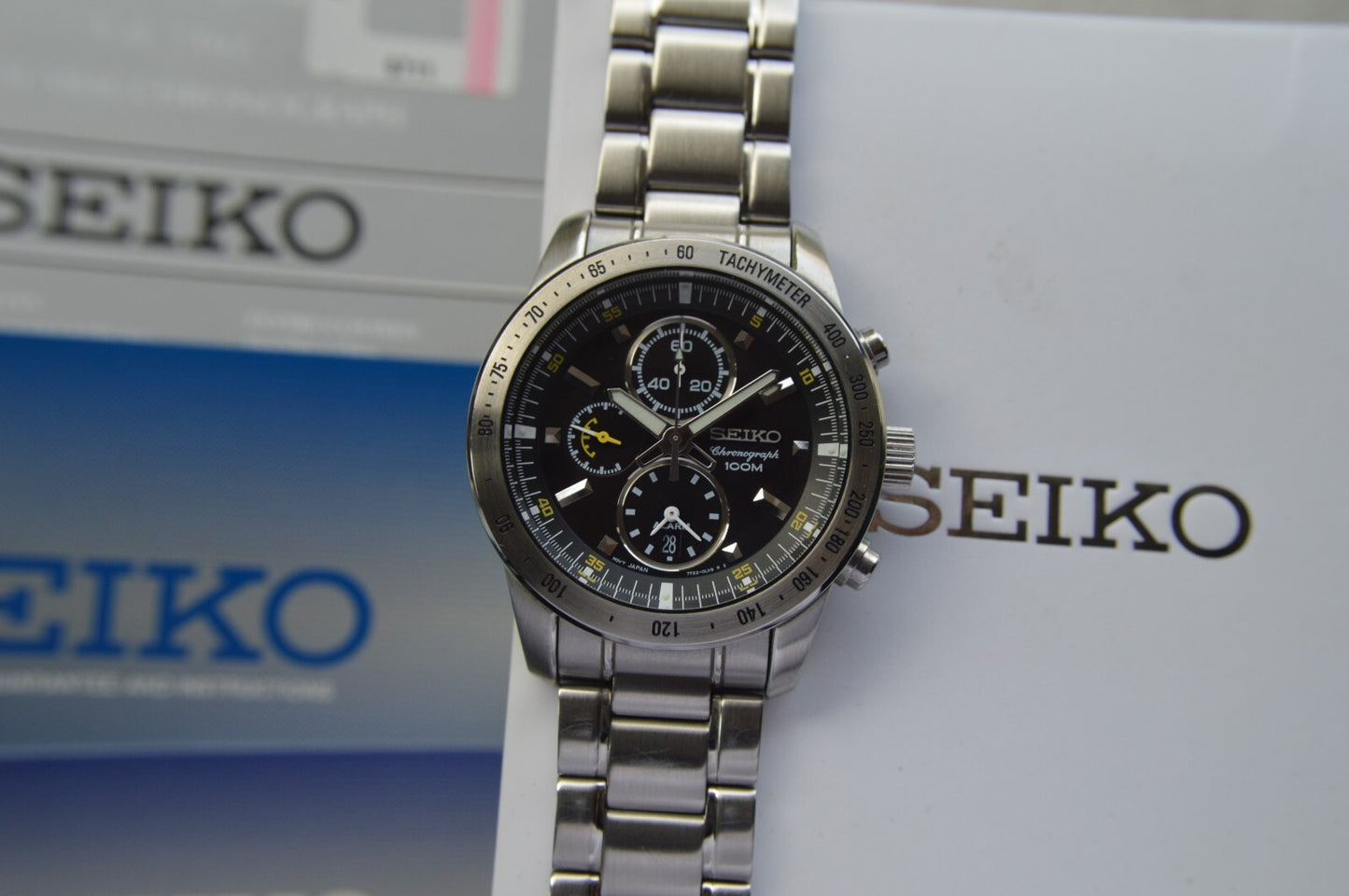 Seiko Alarm Chronograph 100M Fullset Black Dial Men's Quartz Bracelet Rare Watch