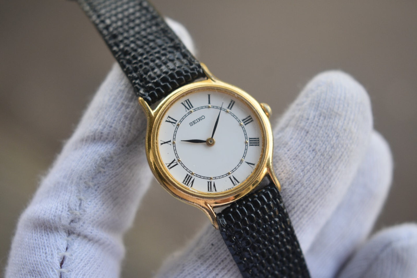 Seiko Ladies Watch Gold Leather Roman Numeral White Dial Quartz Women's