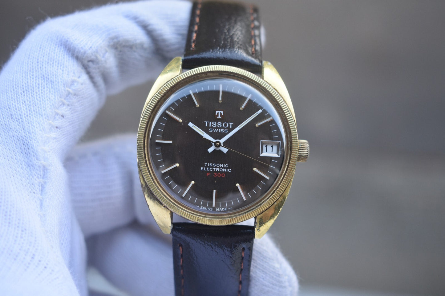 1974 Vintage Tissot Tissonic Brown Dial Rare Electronic Men's Gold Watch F 300