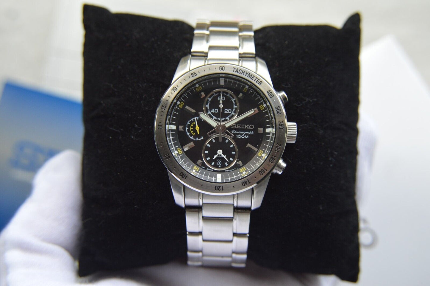 Seiko Alarm Chronograph 100M Fullset Black Dial Men's Quartz Bracelet Rare Watch