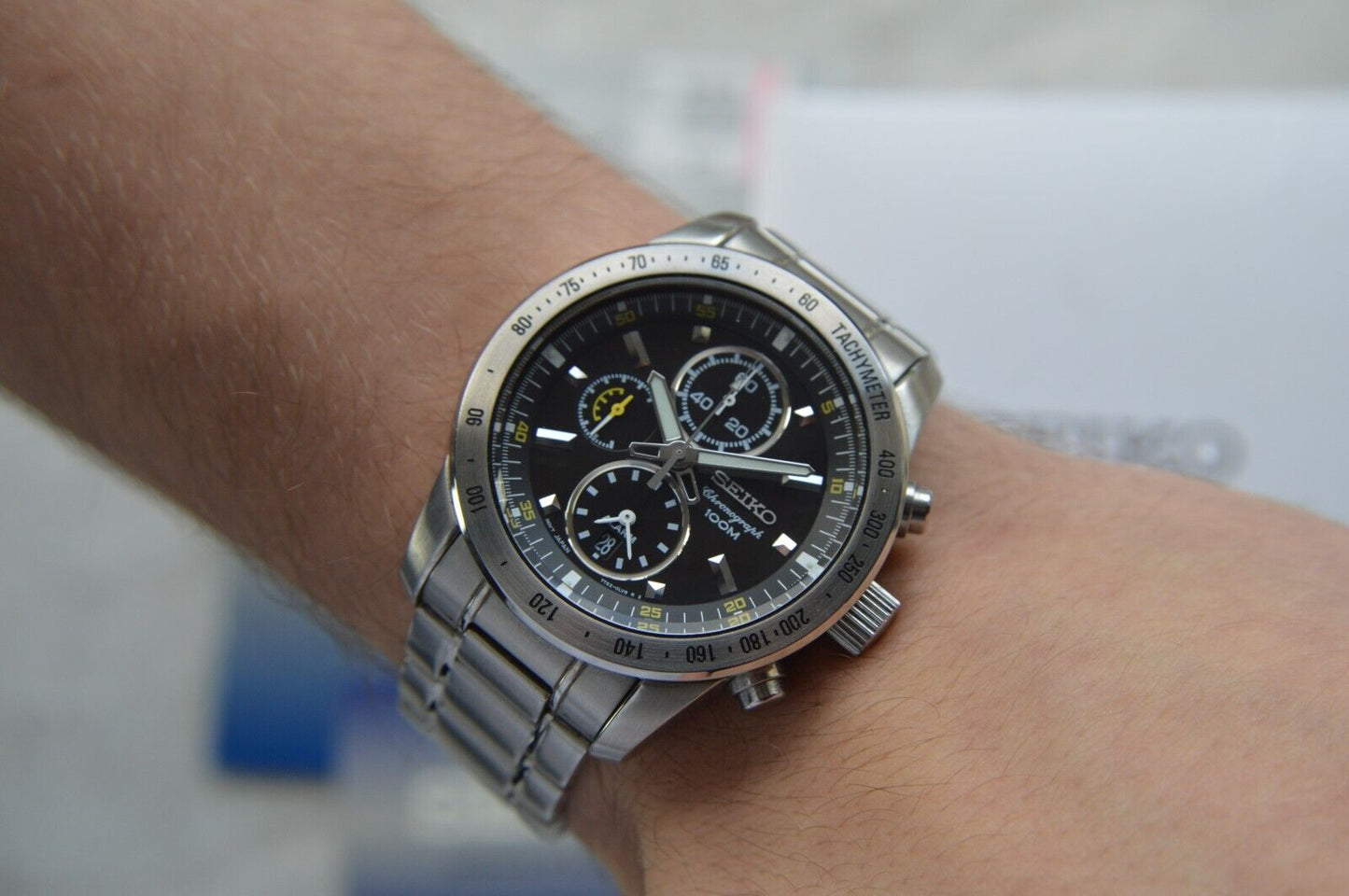 Seiko Alarm Chronograph 100M Fullset Black Dial Men's Quartz Bracelet Rare Watch
