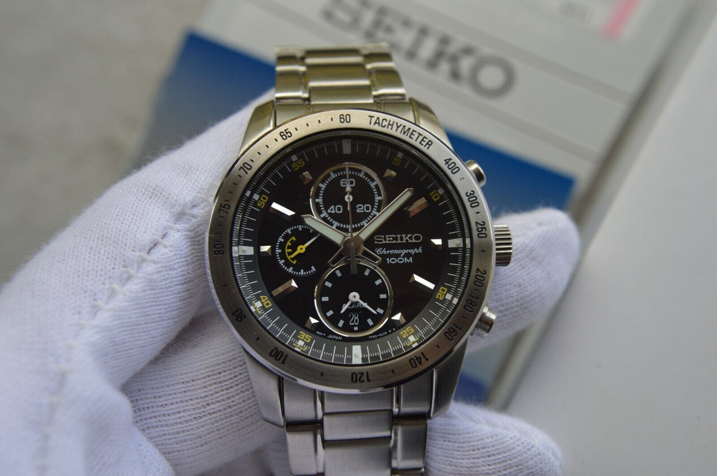 Seiko Alarm Chronograph 100M Fullset Black Dial Men's Quartz Bracelet Rare Watch