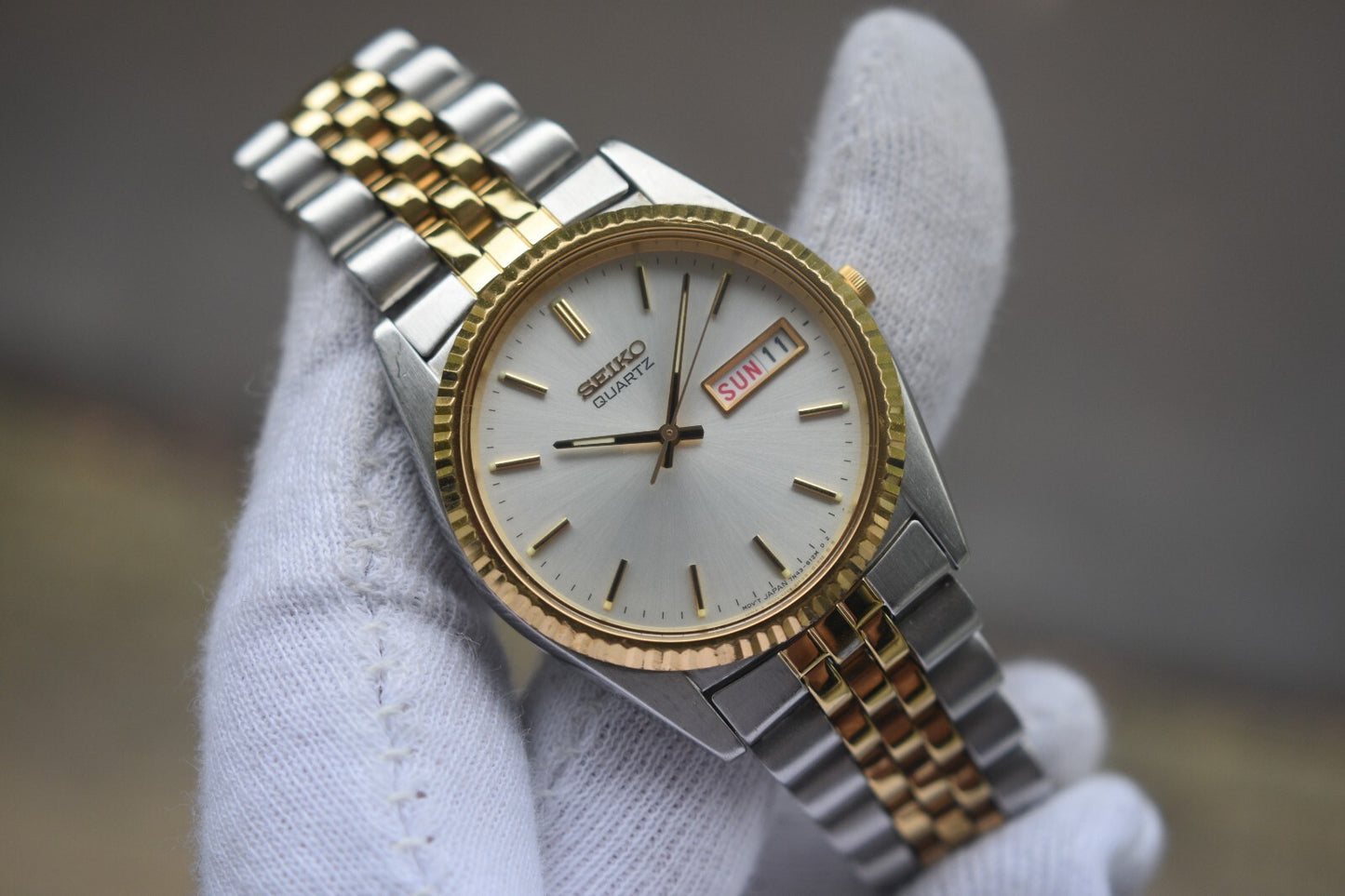 April 1991 Seiko Two Tone Bracelet Men's 7N43 Fluted Bezel Quartz Watch