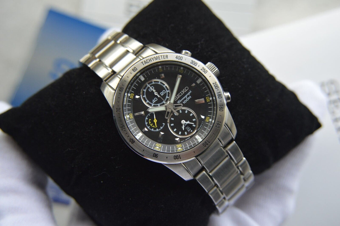 Seiko Alarm Chronograph 100M Fullset Black Dial Men's Quartz Bracelet Rare Watch