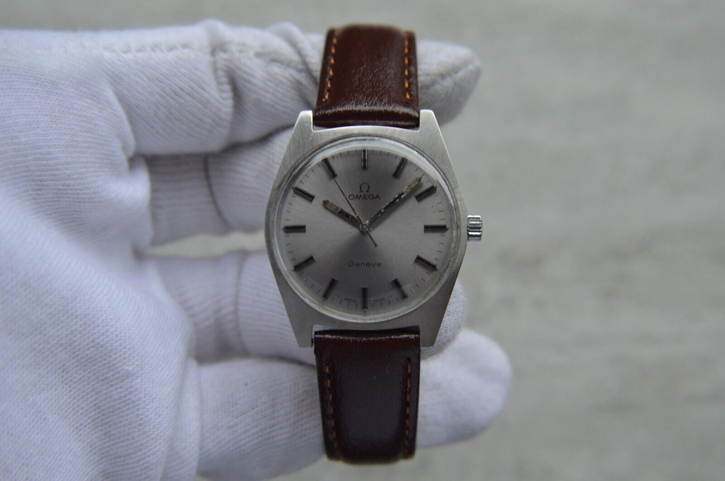 1970 Omega Geneve Vintage Rare Steel Men's Leather Watch Mechanical Rare