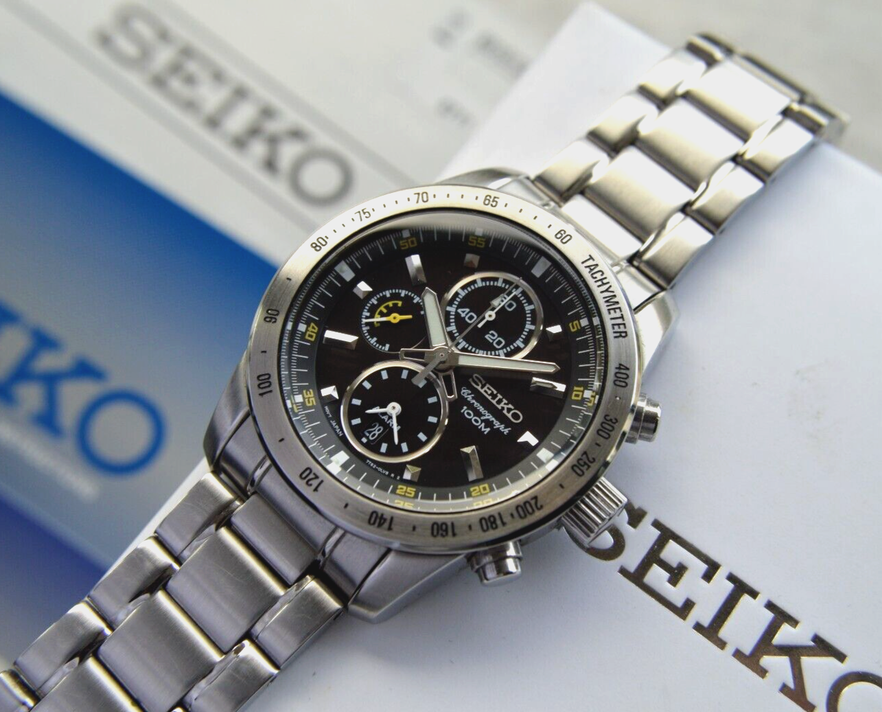 Seiko Alarm Chronograph 100M Fullset Black Dial Men's Quartz Bracelet Rare Watch
