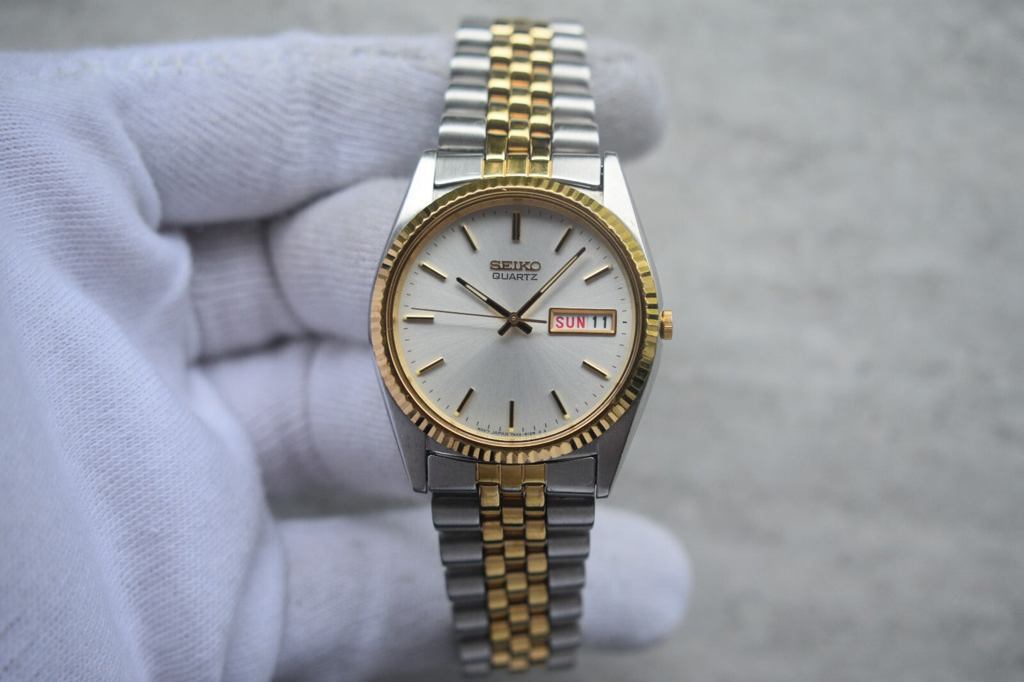 April 1991 Seiko Two Tone Bracelet Men's 7N43 Fluted Bezel Quartz Watch