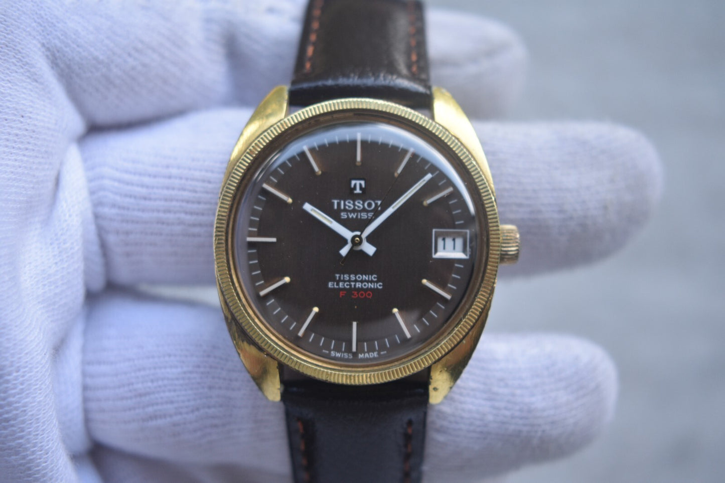 1974 Vintage Tissot Tissonic Brown Dial Rare Electronic Men's Gold Watch F 300