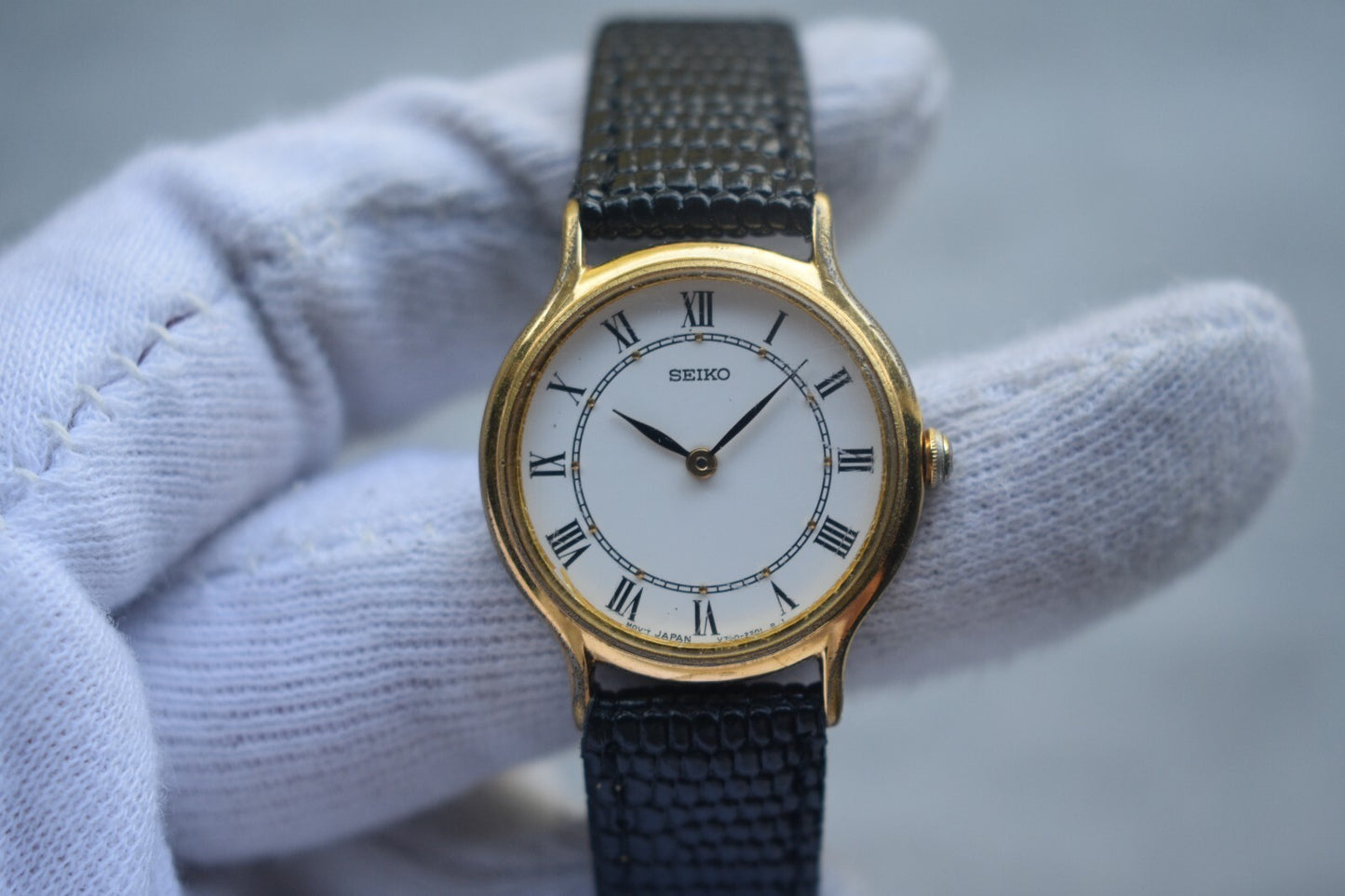 Seiko Ladies Watch Gold Leather Roman Numeral White Dial Quartz Women's