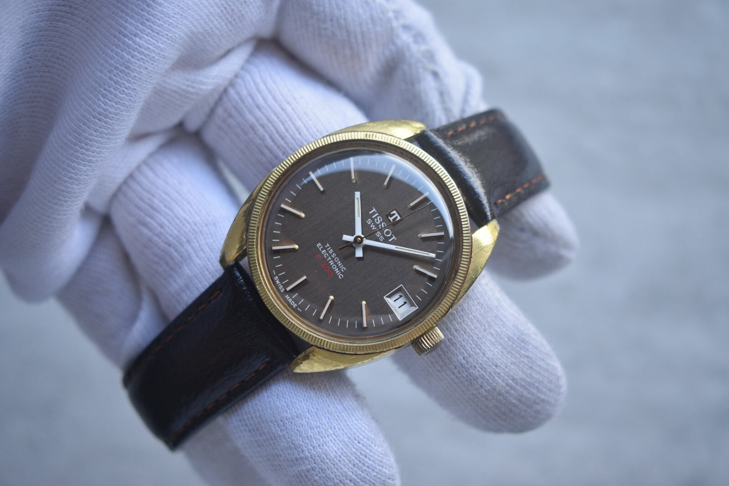 1974 Vintage Tissot Tissonic Brown Dial Rare Electronic Men's Gold Watch F 300