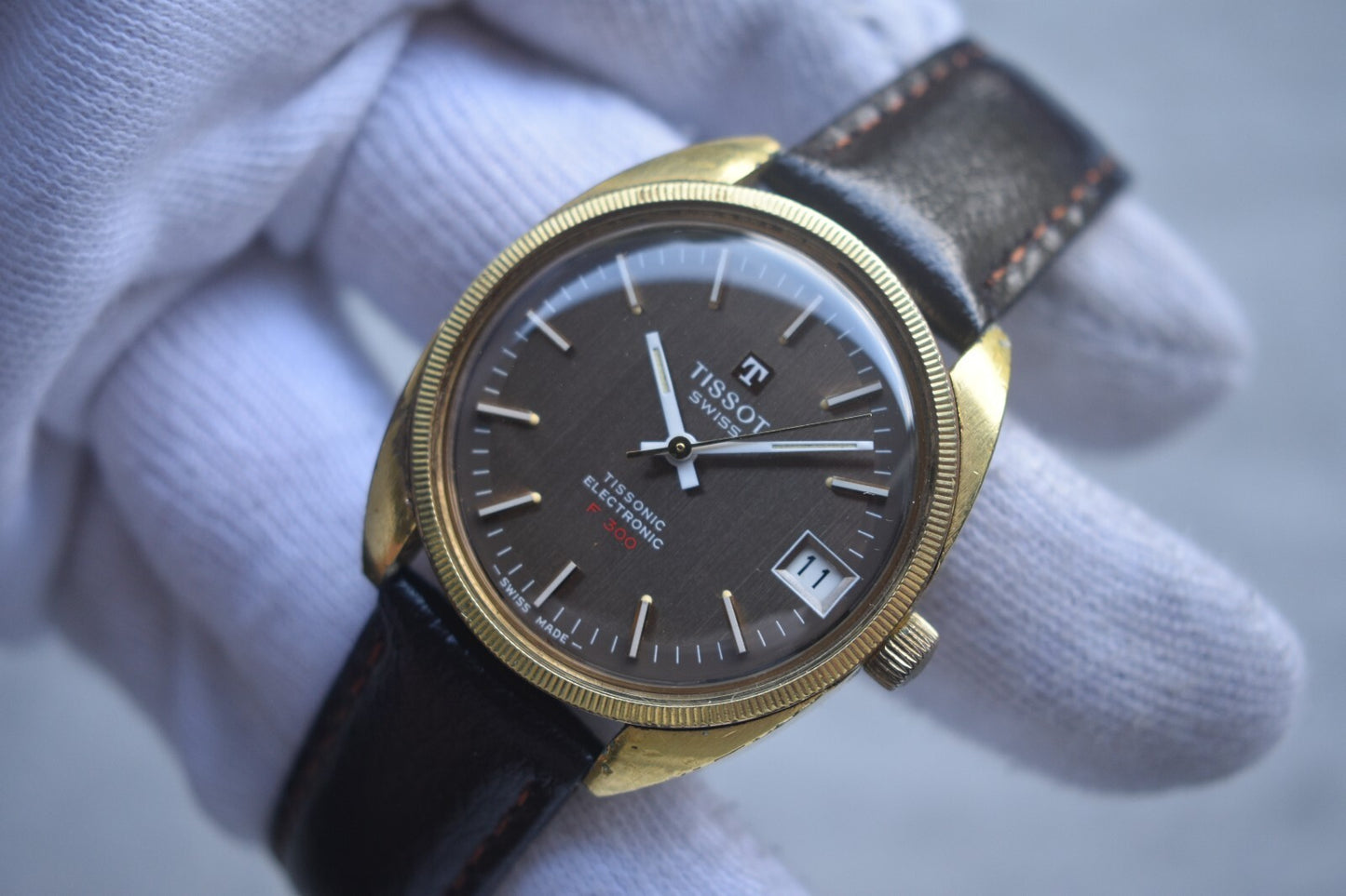1974 Vintage Tissot Tissonic Brown Dial Rare Electronic Men's Gold Watch F 300