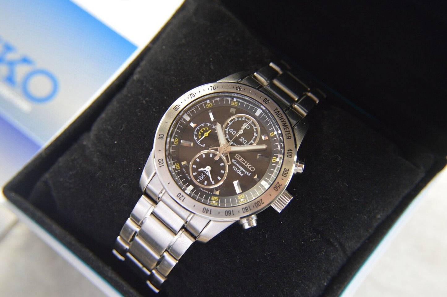 Seiko Alarm Chronograph 100M Fullset Black Dial Men's Quartz Bracelet Rare Watch