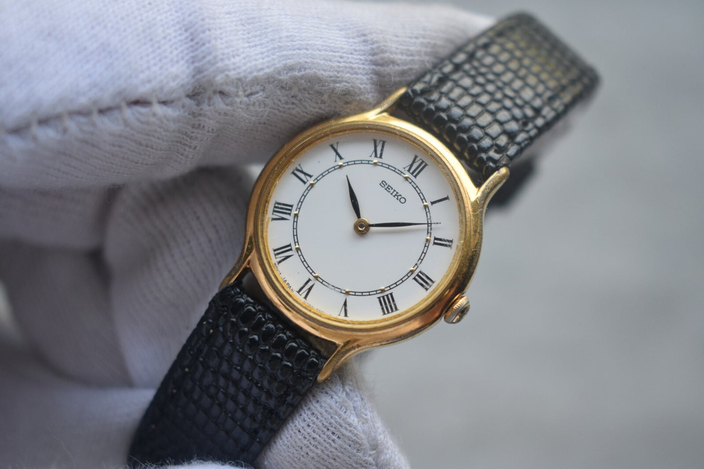 Seiko Ladies Watch Gold Leather Roman Numeral White Dial Quartz Women's
