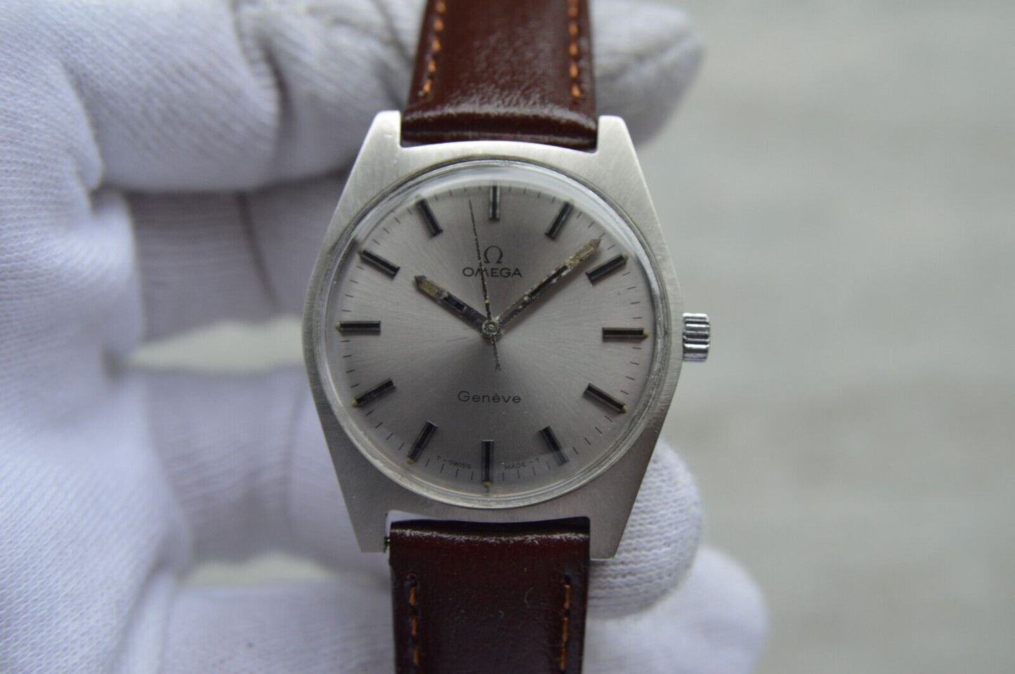 1970 Omega Geneve Vintage Rare Steel Men's Leather Watch Mechanical Rare