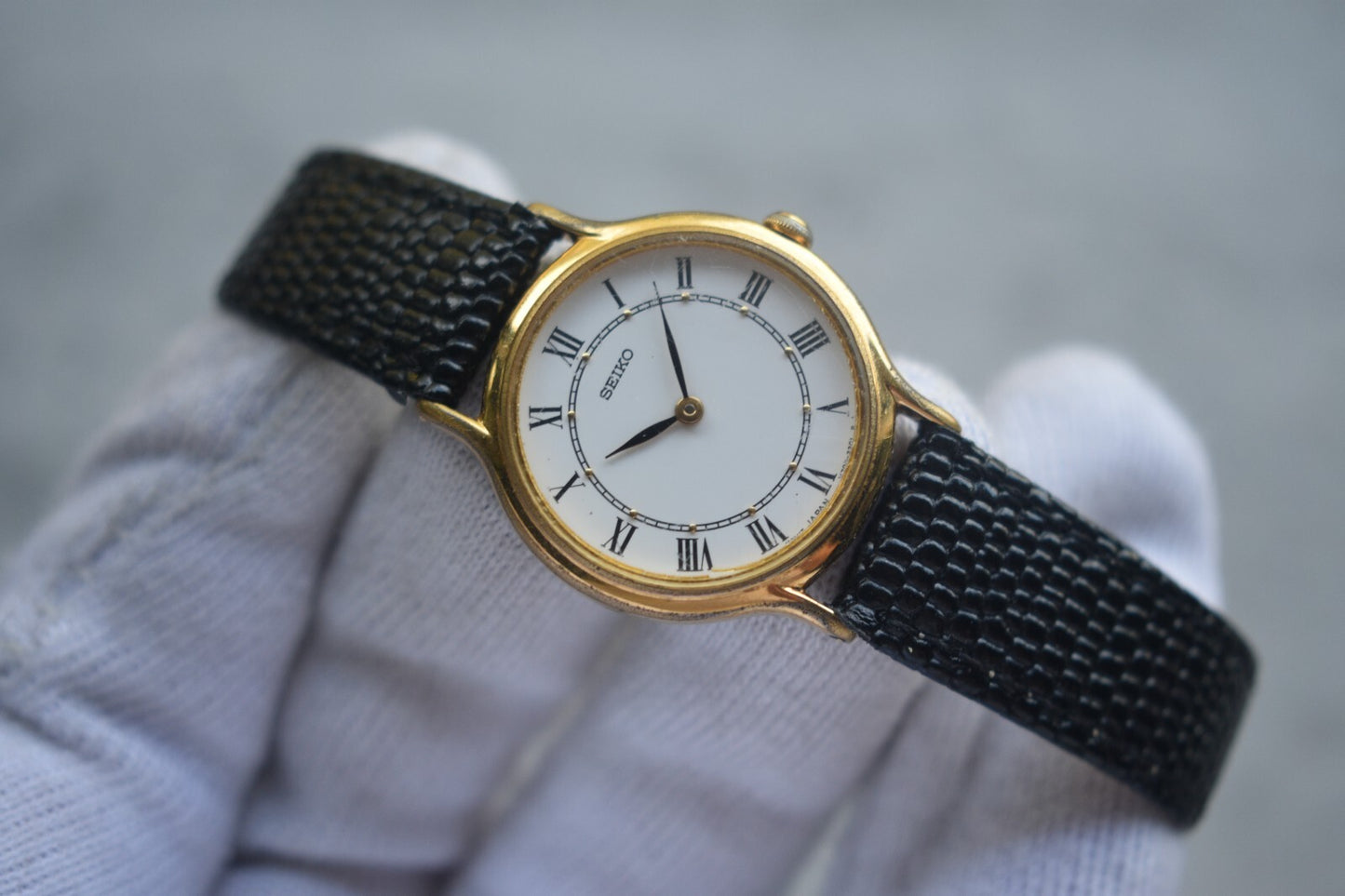 Seiko Ladies Watch Gold Leather Roman Numeral White Dial Quartz Women's