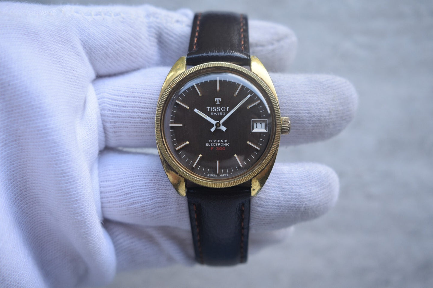 1974 Vintage Tissot Tissonic Brown Dial Rare Electronic Men's Gold Watch F 300