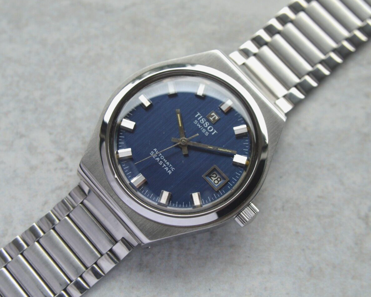 1973 Vintage Tissot Seastar Blue Dial Rare Automatic Men's Steel Leather Watch