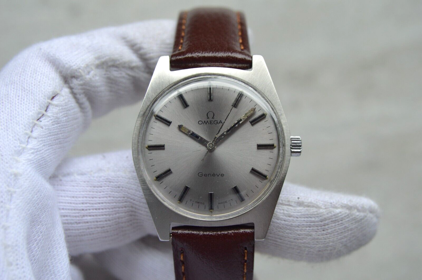 1970 Omega Geneve Vintage Rare Steel Men's Leather Watch Mechanical Rare