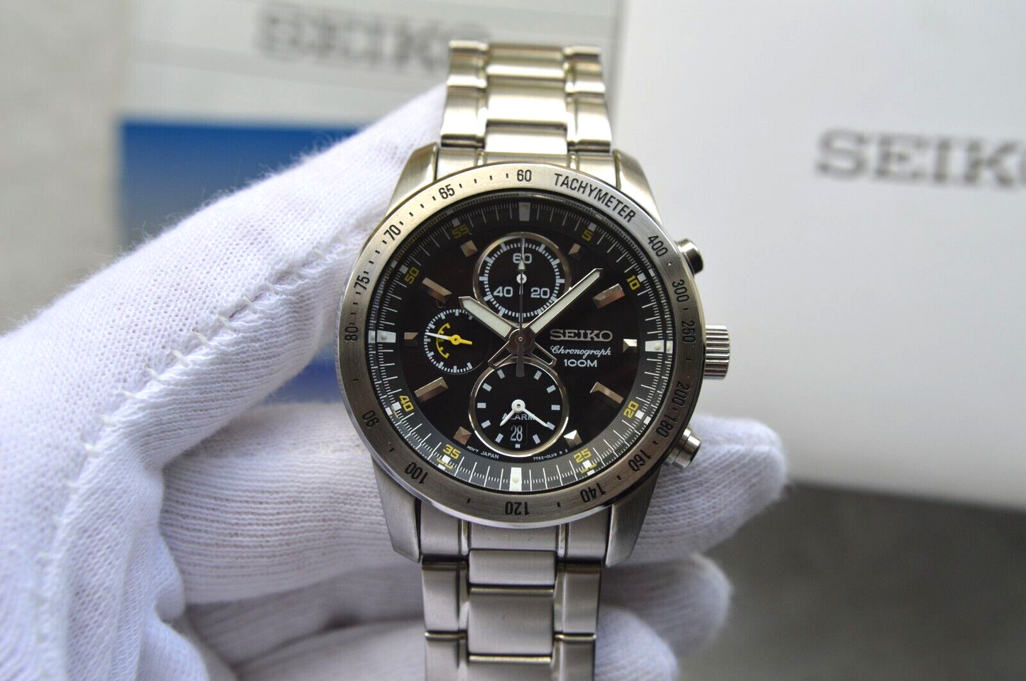 Seiko Alarm Chronograph 100M Fullset Black Dial Men's Quartz Bracelet Rare Watch