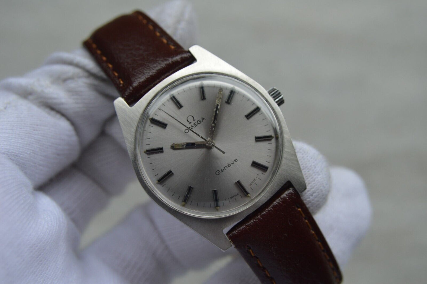 1970 Omega Geneve Vintage Rare Steel Men's Leather Watch Mechanical Rare