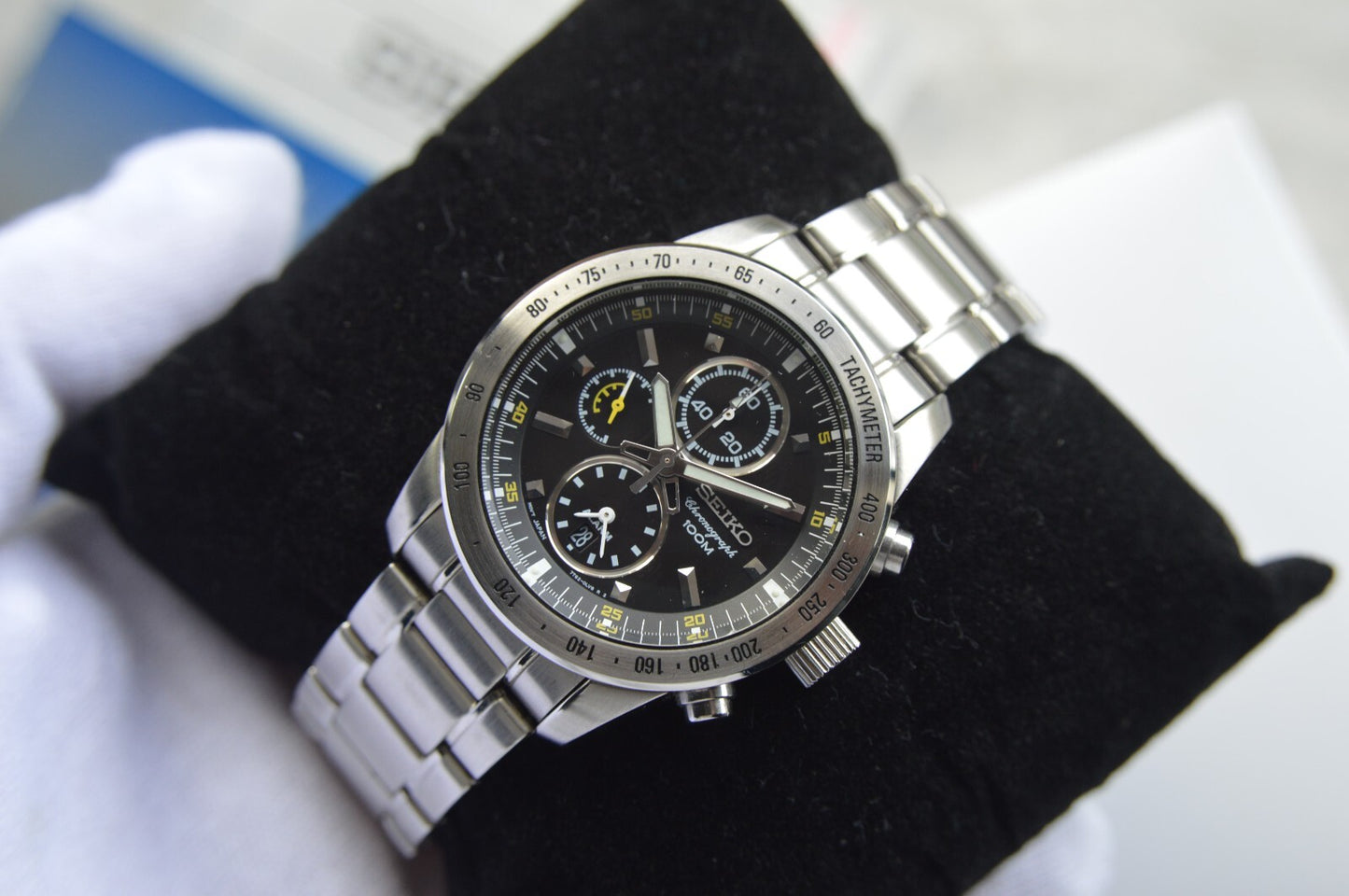 Seiko Alarm Chronograph 100M Fullset Black Dial Men's Quartz Bracelet Rare Watch