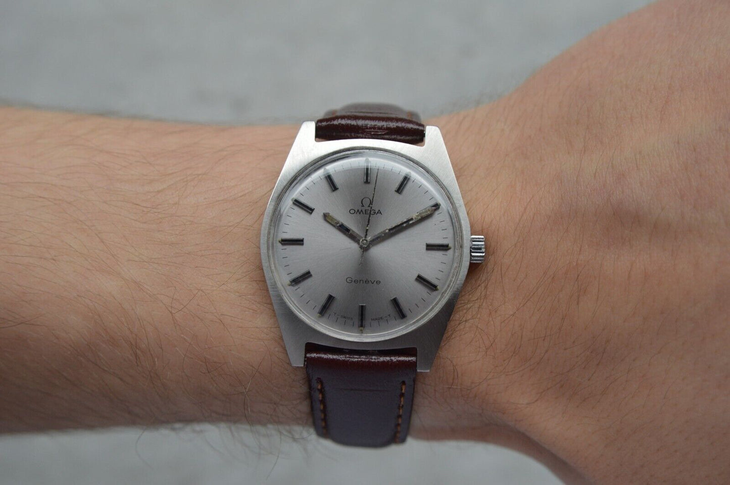 1970 Omega Geneve Vintage Rare Steel Men's Leather Watch Mechanical Rare