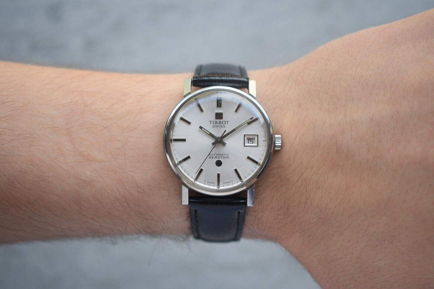 31/08/1974 Vintage Tissot Seastar Automatic Silver Leather Watch With Papers