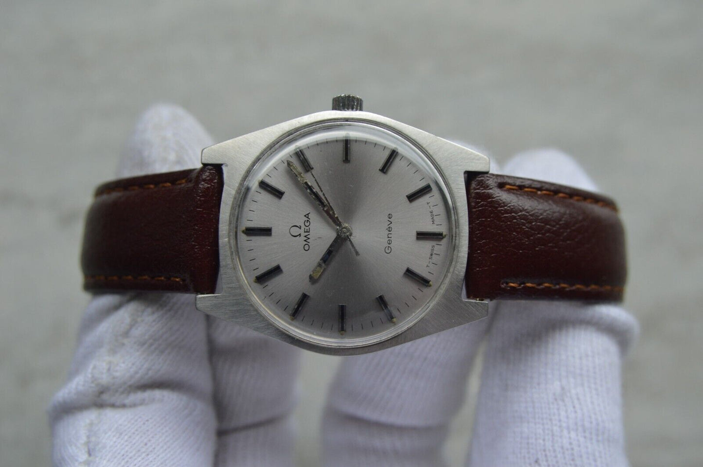 1970 Omega Geneve Vintage Rare Steel Men's Leather Watch Mechanical Rare