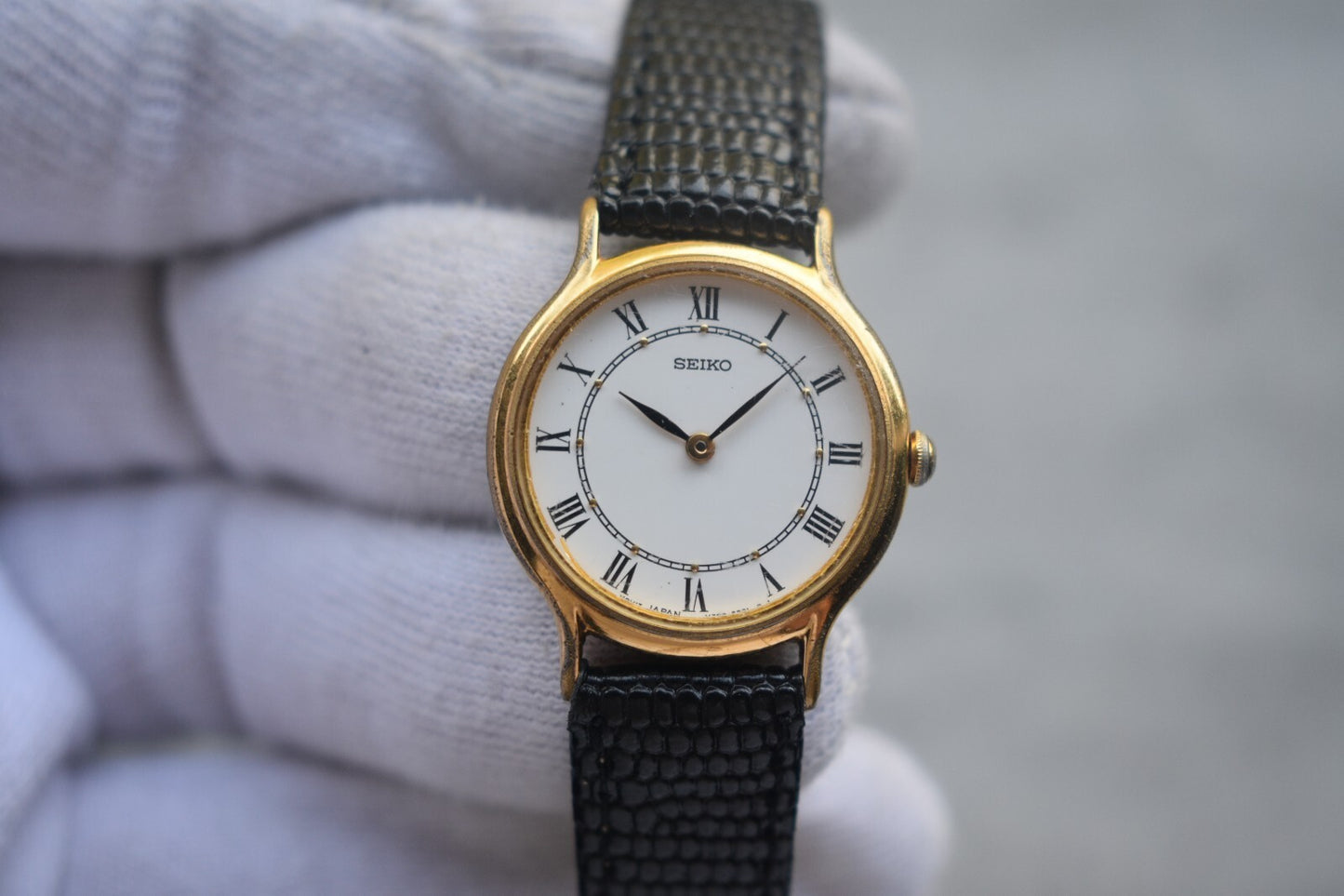 Seiko Ladies Watch Gold Leather Roman Numeral White Dial Quartz Women's