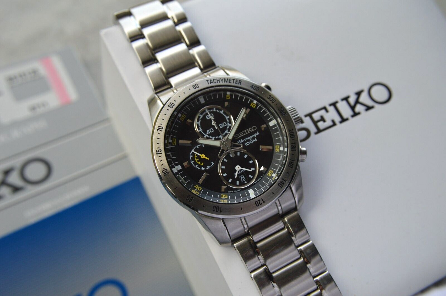 Seiko Alarm Chronograph 100M Fullset Black Dial Men's Quartz Bracelet Rare Watch