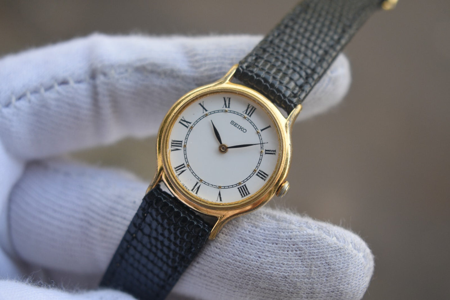 Seiko Ladies Watch Gold Leather Roman Numeral White Dial Quartz Women's