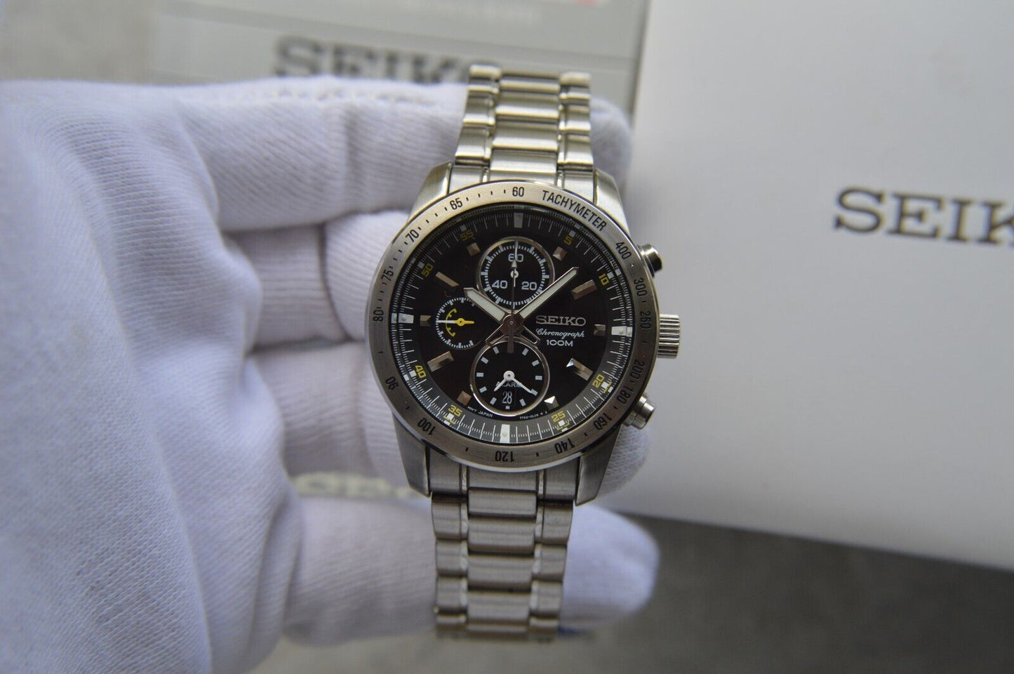 Seiko Alarm Chronograph 100M Fullset Black Dial Men's Quartz Bracelet Rare Watch