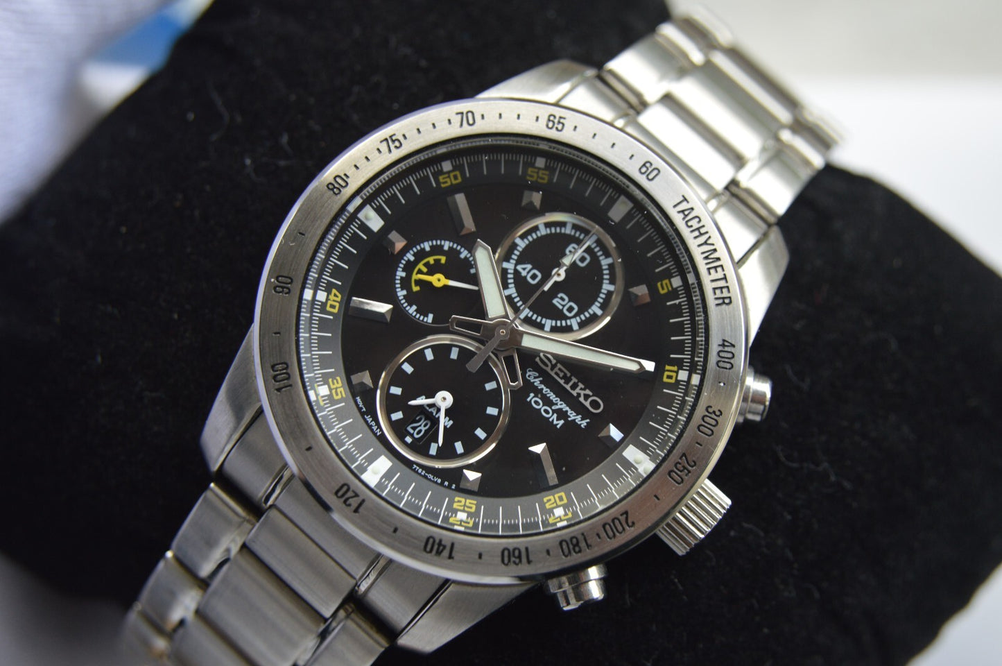 Seiko Alarm Chronograph 100M Fullset Black Dial Men's Quartz Bracelet Rare Watch
