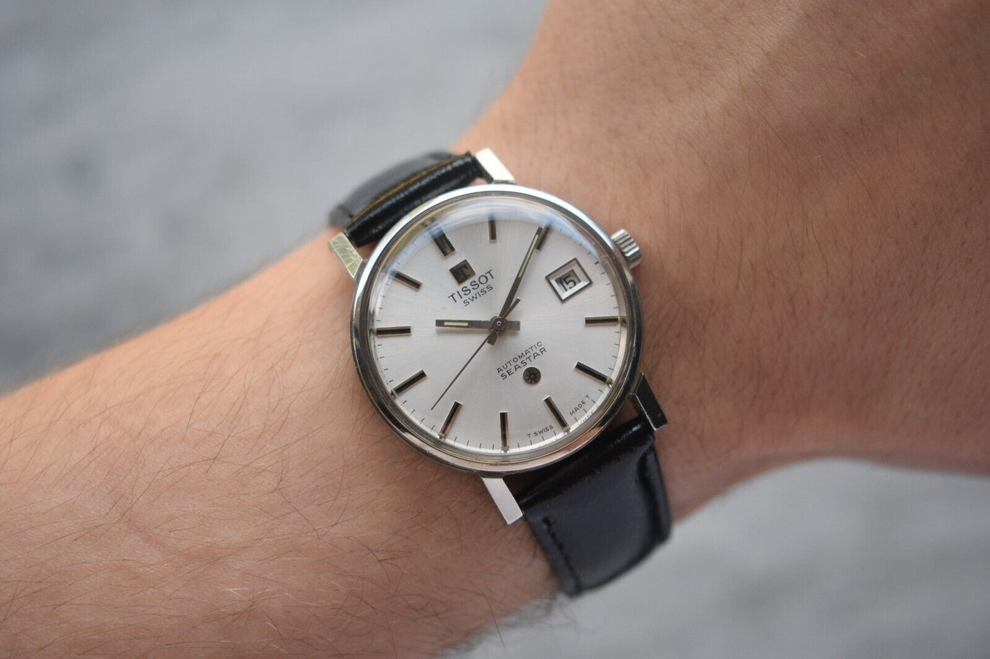31/08/1974 Vintage Tissot Seastar Automatic Silver Leather Watch With Papers