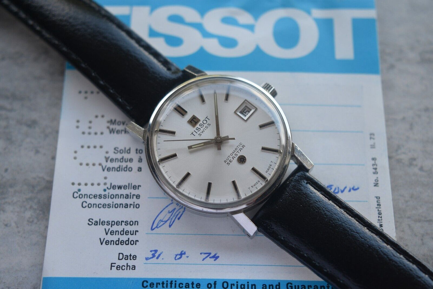 31/08/1974 Vintage Tissot Seastar Automatic Silver Leather Watch With Papers