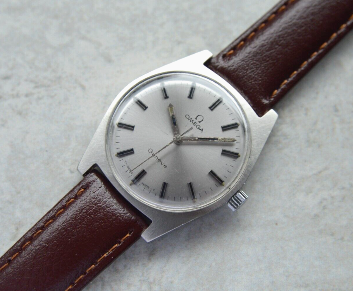 1970 Omega Geneve Vintage Rare Steel Men's Leather Watch Mechanical Rare