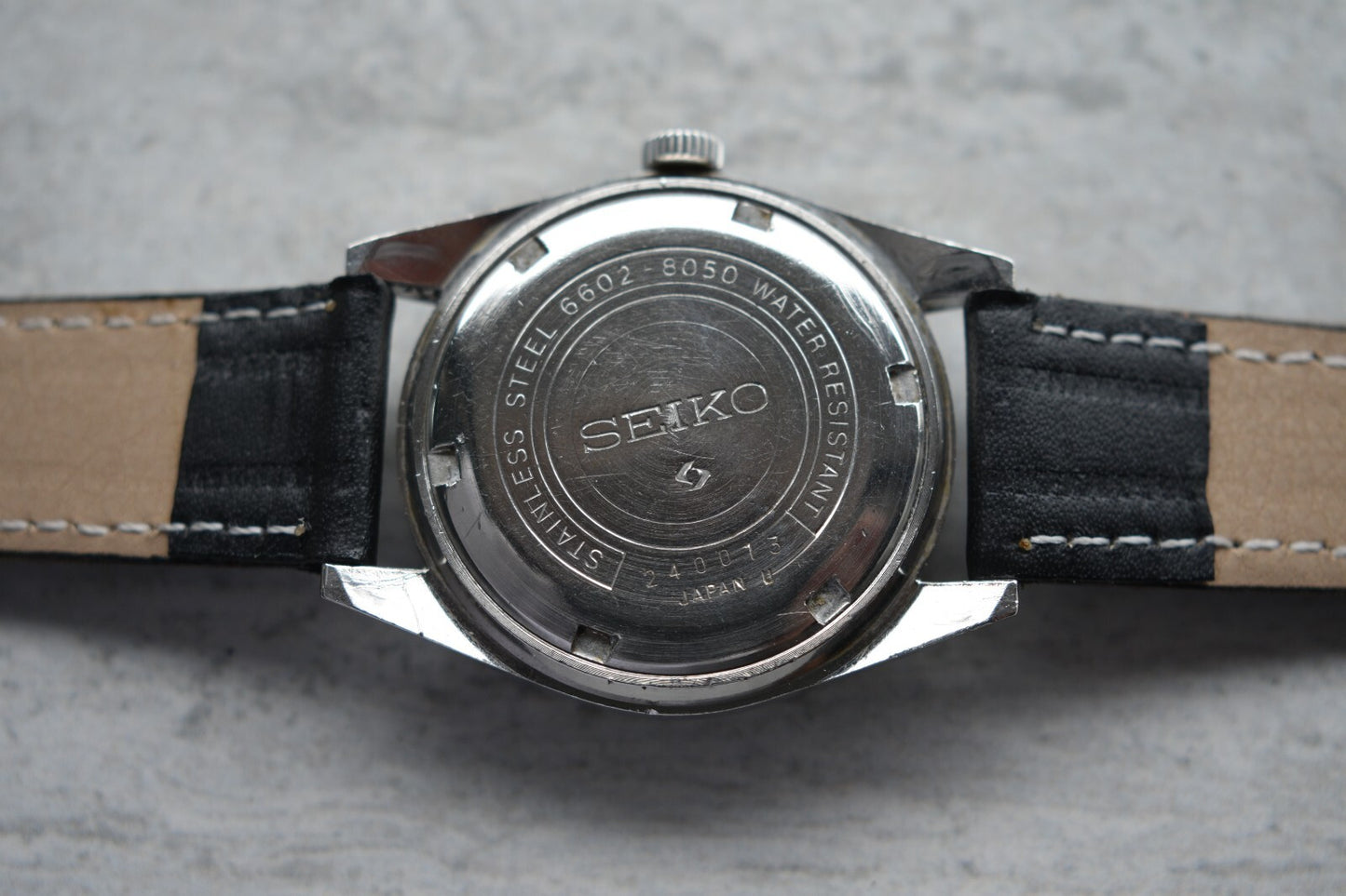 April 1972 Vintage Seiko 6602 Rare Mechanical Black Dial Leather Date Watch